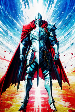 High quality, ,(Beautiful), ((masterpiece)),vibrant colors, TouchMeArmor, armor, cape, solo, 1boy, red eyes, male focus, no humans, full body, full armor, red cape, standing