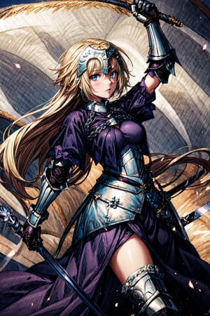 masterpiece, best quality,1girl,,solo, long hair, blonde hair, jeanne d'arc (fate), armor, blue eyes, weapon, sword, armored dress, gauntlets, headpiece, jeanne d'arc (third ascension) (fate),(kbxll:1), , front view