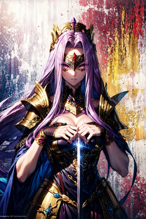 ((MedGorg)), gorgon \(fate\), slit pupils, looking at viewer, hair flowing over, huge breasts, a woman with a sword in her hand, dark phantasy, wallpaper for monitor, royal bird, loundraw, glorious long purple hair, wearing bullet-riddled armor, masked female violinists, no watermark signature, pharaoh, brawl, illustration - n 9, clear image, gwyn