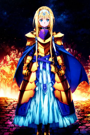 masterpiece, best quality, AliceZuberg, 1girl, solo, long hair, looking at viewer, blue eyes, night, blonde hair, very long hair, closed mouth, standing, full body, hair ribbon, sidelocks, boots, blue dress, shoulder armor, white ribbon, pauldrons, white hairband, breastplate, armored dress, blue cape, knight, gold armor, (pov:1.2), 