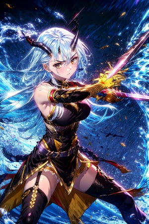 masterpiece,best quality,1girl,,black dress,black thighhighs,gold-trimmed,gloves,detached sleeves,mizuchi,single horn,tail,single wing,portrait,(shaded face:1.1),water,serious,holding sword,fighting stance,magic,gold gauntlets,action pose, ,close-up,thigh strap,