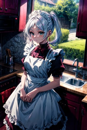 masterpiece, best quality, absurdres, perfect anatomy, Frieren, twintails, earrings, maid, maid headdress, maid apron, kitchen,