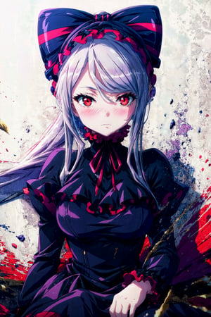 shalltear,1girl,solo,long hair, breasts,looking at viewer,blush,bangs,red eyes,long ,sleeves,white background,dress,bow,ribbon,sitting,very long hair,closed mouth,ponytail,hair bow,grey hair,sidelocks,frills,striped,twitter,username,black dress,neck ribbon,frilled dress,?,lolita fashion,striped bow,gothic lolita,vampire,bonnet, ,Quality, (masterpiece), highres, intricate, intricate details, absurdres, finely detailed, ultra-high texture quality,