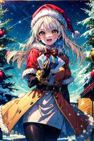 masterpiece,best quality,highres,cinematic lighting,dramatic angle,1girl,light ,orange eyes,Christmas,happy,white and red dress,thick coat,fur trim,ribbons,bowtie,hat,pantyhose,gloves,holding gift box,christmas streetscape,christmas trees,stars,presenting gift box to viewer,:d, (masterpiece, best quality, highres), 
