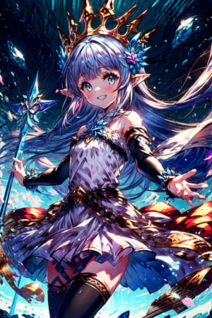 masterpiece,best quality,detailed, , solo, 1girl, field of deapth, lily_\(granblue_fantasy\), granblue fantasy, pointy ears, shilver hair, very long hair, blunt bangs, (hair ornament:0.9), blue eyes, small breasts, collarbone, outstretched arms, white dress, skirt, black thighhighs, black elbow gloves, smile, looking at viewer, winter, holding staff,