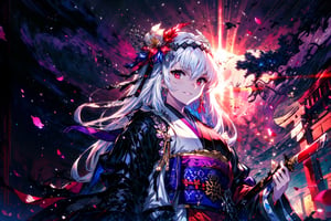 masterpiece,best quality,highres,cinematic lighting,dramatic angle, ,white hair,hair ornaments,hair flower,hairband,red eyes,costume7,furisode,long sleeves,ribbon,braid,flower,hairband,japanese clothes,kimono,sash,petals,obi,Unsheathing Sword,katana,holding,jinja,torii,looking at viewer,evil smile, ,lens flare,dynatic angle,from below,glowing,shaded face,sunset,burning sky