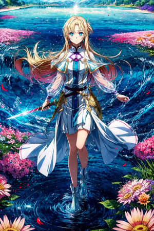 A young woman with long, flowing blonde hair and piercing blue eyes. She is tall and slender, with a graceful bearing. Alice's eyes are her most striking feature, they are a deep blue that seem to see right through you, 1girl, yelow hair, fullbody, castle background, holy sword, golden sword, light, sunlight, magic, lake, transparent clothes, floating_hair, floating water, water magic, white armor ornaments, flowers background, field, sunshine, light reflections. Alice Synthesis Thirty from SAO.,aaasuna
