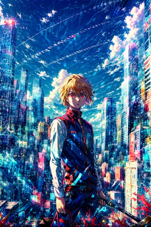 (cowboy shot), sfw, (masterpiece), (best quality:1.0), (ultra highres:1.0), detailed eyes
BREAK  
 Kurapika, 1boy, male focus, red eyes, surprised, posing

BREAK
(skyscraper, rooftop, clouds, outdoors, gorgeous view)