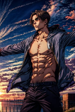 erenad ((1boy)), erenad, solo, erenad, solo, 1boy, jacket, male focus, open clothes, hood, abs, outstretched arm, topless male, sunset