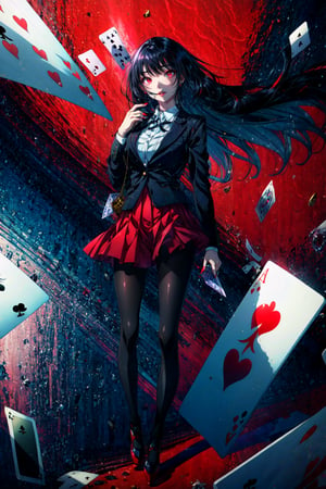 Yumeko Jabami,playing card,(full body:1.1), nail polish, red nails,red eyes,black pantyhose