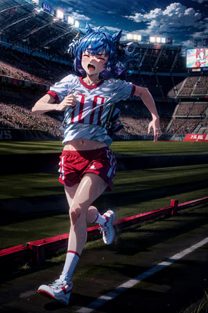 masterpiece, best quality, twin turbo \(umamusume\), running, stadium, track, wide shot, grass, closed eyes, sweat, open mouth, white shirt, gym shirt, short sleeves, gym uniform, red shorts, white socks, shoes, sneakers, white footwear,