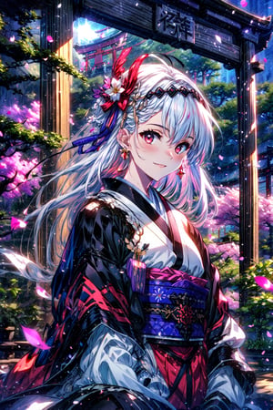 masterpiece,best quality,highres,cinematic lighting,dramatic angle,1girl,,white hair,red eyes,hair ornament,furisode,costume7,cherry blossoms,looking at viewer,tilting head,blush,smile,long sleeves,ribbon,braid,flower,hairband,japanese clothes,kimono,sash,petals,obi,sunshine,torii,depth of field,bricks,jinja