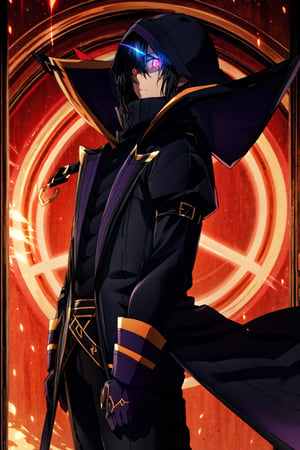 (masterpiece), high quality, highly detailed background, 1boy, solo, , ChopioKagenou, short hair, black hair, hair between eyes, hooded cloak, black coat, trench coat, black gloves, black pants, red eyes, glowing eyes, looking to side, from side,Circle