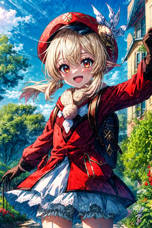 score_9, score_8_up, score_7_up, source_anime, 1girl, klee \(genshin impact\), bloomers, brown gloves, cabbie hat, red coat, scarf, backpack, looking at viewer, smile, open mouth, cowboy shot, reaching out, carry me, garden, outdoor, depth of field 
