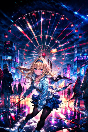 masterpiece,best quality,highres,cinematic lighting,dramatic angle,1girl,, blue eyes,blonde hair,hairband,portrait,blue shawl,fur-trimmed,coat,white shirt,blue skirt,tilted head,crowd,happy,shiny,Ferris wheel,skiing,skating,ice