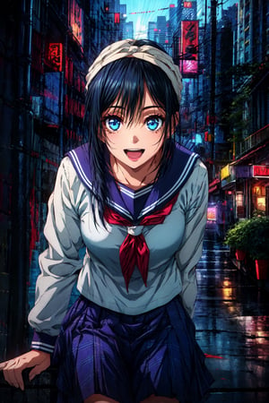 1girl, solo,sitting, cyberpunk cityscape,night city \(city\), stealth in the city, masterpiece, professional artwork, famous artwork, perfect face,(glowing eyes:1), beautiful face, ,Riko, 1girl, solo, school uniform, open mouth, blue eyes, serafuku, black hair, hairband, smile, cowboy shot