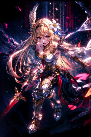 masterpiece,best quality,highres,cinematic lighting,dramatic angle,1girl, ,blonde hair,blue eyes,hair ornaments,hair ornament,hair flower,hairband,looking at viewer,dynatic angle,dual wielding,sword,costume6,sei shoujo,white armor,shoulder armor,bare shoulders,gold trimmed,black pantyhose,boots,red ribbon,thick thighs,portrait,glowing,very long hair,serious,open mouth,chestplate,Virtuous Guardian,breasts,gauntlets,spear