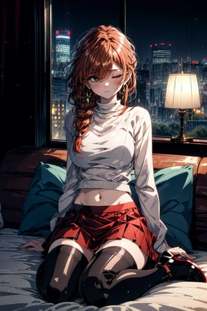 Flamme,1girl,bangs,solo,braided ponytail,single braid,brown hair,orange hair,very long hair,(sidelocks:0.9),red earrings,hair over one eye,green eyes,blue eyes,night,indoors,1girl,solo,thighhighs,brown hair,skirt,sitting,midriff,closed eyes,navel,bed,underwear,long hair,indoors,breasts,high heels,panties,couch,curtains,pillow,, Exquisite visuals, high-definition,masterpiece,best quality,Exquisite visuals,high-definition,masterpiece,best quality,18yo,Young female,Beautiful Fingers,Beautiful long legs,Beautiful body,Beautiful character design,