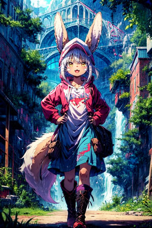 1girl, solo, furry, fluffy, brown fur, short hair, nanachi \(made in abyss\), long hair, animal ears, tail, yellow eyes, hoodie, boots, baseball cap, hand on hip, :3, open mouth, standing, looking at viewer, outdoors, city 