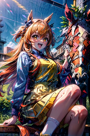 ultra-detailed, high resolution, extremely detailed cg, anime picture,(masterpiece, best quality:1.4), illustration ,1girl, mayacas, (laughing), orange hair, horse ears, yellow vest, long sleeves, yellow skirt, socks, blue sky,