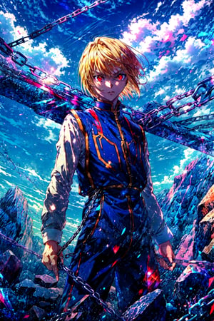 (cowboy shot), sfw, (masterpiece), (best quality:1.0), (ultra highres:1.0), detailed eyes
BREAK
  Kurapika, 1boy, red eyes, male focus, holding chains
blue tabard, gold trim, white shirt
BREAK
(rocky desert, outdoors, gorgeous view)
Negative prompt

