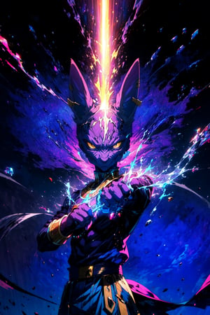 high quality, masterpiece, realistic, anthropomorphic cat, beerus, cat head, purple skin, black top, blue pants, purple belt,egyptian clothing, jewelery, long ears, athletic body, park, outdoors,medium shot portrait, hand raised up, holding purple electricity, hand glowing purple, aura, reflective light, looking at camera, serious,