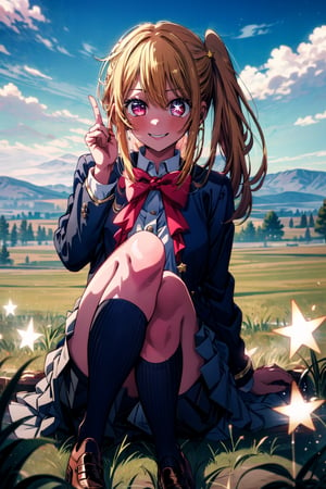 1girl, solo, , Hoshino Ruby, long hair, blonde hair, bangs, blush, red eyes, symbol-shaped pupils, (left star-shaped pupils:1.2), sparkling eyes, (star in left eye:1.2), symbol in eye, side ponytail, bow, bowtie, brown_footwear, (blue jacket:1.2), kneehighs, loafers, looking_at_viewer, pleated_skirt, red_bow, school_uniform, shoes, (gray skirt:1.2), smile, white_legwear, sitting on grass, sky, day,草原|(grassland:1.3), (masterpiece:1.2), highres, best quality, 8k, very clear,