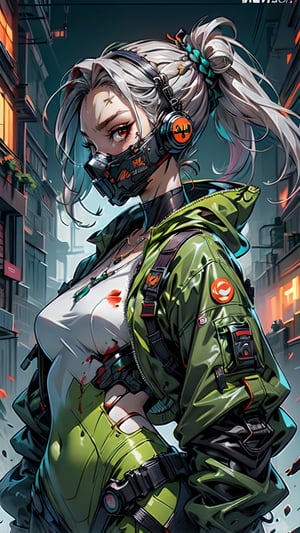 (magazine cover:1.3),ulzzang-6500, (realistic: 1.3) (original: 1.2), masterpiece, best quality, beautiful clean face, fullbody, 1woman, (wearing black and green and cobalt scifi techmask and headphones with complex electronics), wearing green techwear jacket and orange trousers with buckle and tape, (crystal necklace), posing for a picture, (white braided bun hair), (((face mask))), side profile angry face looking at camera , Ponytail gray hair , gray hair, blood stains serious face, blood strain,
,High detailed 