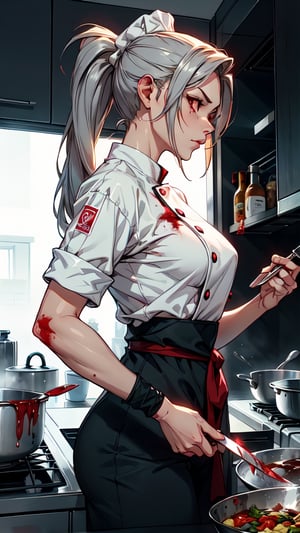  1 girl , chef , cute girl, proper pretty red eyes, side profile angry face looking at camera , Ponytail gray hair , blood stains , chef cloth, chef green clothes, chef hat, in the kitchen background, Sci-fi, ultra high res, futuristic, bulge, holding knife, cooking