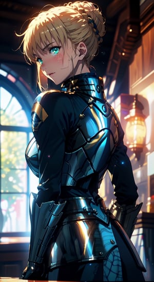 Artoria Pendragon \ (Destiny\), best quality, （tmasterpiece）, （Very detailed CG unity 8K wallpaper）, armored dress, glowing, gauntlets,breastplate, hair bun, cinmatic lighting, detailed back ground, beatiful detailed eyes, Bright pupils, （Very fine and beautiful）, （Beautiful and detailed eye description）, super detailed, art book, anime coloring, CG, illustration, fantasy, 1 girl, solo, looking at the audience, attoria pendragon \ (destiny), armor, detailed beautiful face and eyes, oppressive environment, capable slender body ,dexterous dynamic, best quality, high resolution, super detailed, 1 girl, solo, sideburns, ahegao, green eyes,  phSaber, phAltoria, portrait, standing, looking at the audience, sweat, blush,midjourney, front-view, body face viewer