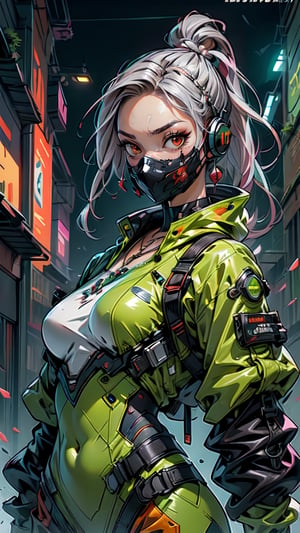 (magazine cover:1.3),ulzzang-6500, (realistic: 1.3) (original: 1.2), masterpiece, best quality, beautiful clean face, fullbody, 1woman, (wearing black and green and cobalt scifi techmask and headphones with complex electronics), wearing green techwear jacket and orange trousers with buckle and tape, (crystal necklace), posing for a picture, (white braided bun hair), (((face mask))), frontage, red eyes, gray hair, ponytail hair, serious face, blood strain,
,High detailed 