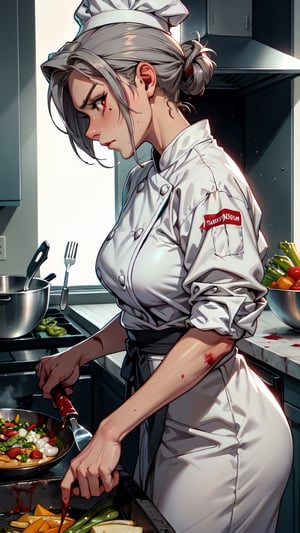  1 girl , chef , cute girl, proper pretty red eyes, side profile angry face looking at camera , gray hair , blood stains , chef cloth, chef green clothes, chef hat, in the kitchen background, Sci-fi, ultra high res, futuristic, bulge, holding knife, chopping vegetable