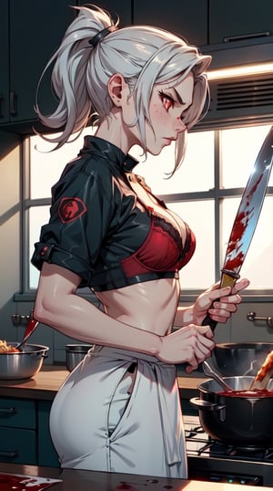  1 girl , chef , cute girl, proper pretty red eyes, side profile angry face looking at camera , Ponytail gray hair , blood stains , small bra, chef green clothes, in the kitchen background, Sci-fi, ultra high res, futuristic, bulge, holding knife, cooking