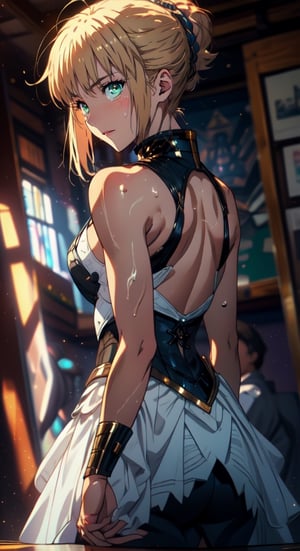 Artoria Pendragon \ (Destiny\), best quality, （tmasterpiece）, （Very detailed CG unity 8K wallpaper）, best qualtiy, cinmatic lighting, detailed back ground, beatiful detailed eyes, Bright pupils, （Very fine and beautiful）, （Beautiful and detailed eye description）, super detailed, art book, anime coloring, CG, illustration, fantasy, 1 girl, solo, male focus, looking at the audience, attoria pendragon \ (destiny), armor, detailed beautiful face and eyes, oppressive environment, capable slender body ,dexterous dynamic masterpiece, best quality, high resolution, super detailed, 1 girl, solo, sideburns, ahegao, green eyes,  phSaber, phAltoria, portrait, standing, looking at the audience, sweat, blush,midjourney