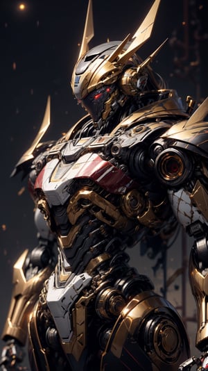 close up upper body, ((1 white golden robot)), (((glowy red eyes))), (solo robot:2) , ((galaxy detail background)), mechanical body, red eyes, mechanical joints, (golden armor), fantasy, giant robot, triadic color scheme, symmetrical features, perspective from below, towering over the landscape, golden rage unleashed, ROBOTANIMESTYLE,Mecha warrior,mecha \(mjstyle\),r1ge