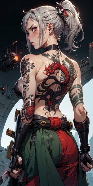 1 girl , samurai,  tattoo, of a red dragon, back tattoo, cute girl, proper pretty red eyes, angry face looking at camera , Ponytail, (((gray hair))) , blood stains ,  cyborg arm, (((backless))), upper body , green samurai cloth, arms katana , Sci-fi, ultra high res, futuristic , {(solo)}, upper body , {(complex background , outdoors space background, Mecha Transport parts)}, Science Fiction