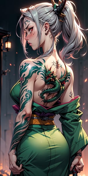  1 girl , samurai,  (((tattoo of a green dragon))), (((dragon tatoo))), back tattoo, cute girl, proper pretty red eyes, angry face, Ponytail, (((gray hair))) , blood stains ,  cyborg arm, (((backless))), upper body , (((green kimono))), arms holding katana , Sci-fi, ultra high res, futuristic , {(solo)}, upper body , {(complex background , outdoors space background, Mecha Transport parts)}, Science Fiction,tattoo,