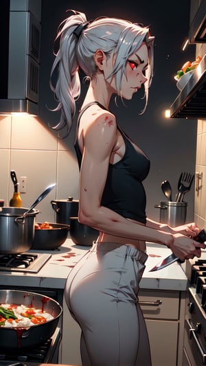  1 girl , chef , cute girl, proper pretty red eyes, side profile angry face looking at camera , Ponytail gray hair , blood stains , small tank top,chef green clothes, in the kitchen background, Sci-fi, ultra high res, futuristic, bulge, holding knife, cooking