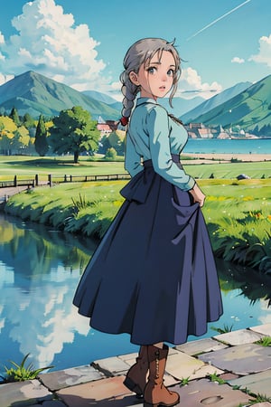 1female,16o,Slim, Thin waist, cute face, big eyes, sophie_hatter, Grey hair, Braided hair, Brown eyes,(wearing: Blue long dress, long dress, brown boots), looking at viewer,（Background with：ln the mountain,in summer,standing on your feet,Sweat profusely,seen from the front, hair straight, mostly cloudy sky,（（（tmasterpiece）,（Very detailed CG unity 8K wallpaper）,best qualtiy,cinmatic lighting,detailed back ground,beatiful detailed eyes,Bright pupils,（Very fine and beautiful）,（Beautiful and detailed eye description）,ultra - detailed,tmasterpiece,））,facing at camera,（Full body photo）,Show shoes,A high resolution,ultra - detailed,upper body, happy_face