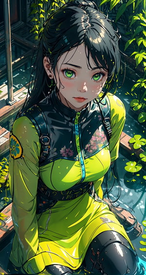 1girl, beautiful woman, she is sitting in abandoned metallic Framing Construction with water floor and moss and humid and plant and colorful flowers garden, wet, wettings, sunlit, blue sky, (close up), yellow fashion, (((face focus))), neon green dress 
,urban techwear,chinese