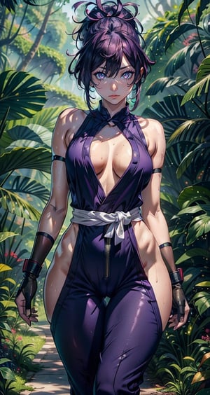 1female,21yo, Slim,熟妇,  Thin waist,slender legs, Pornographic exposure, solo, yuzuriha_(jigokuraku), purple hair, brown eyes, ninja, open clothes, cleavage, small breasts, topknot, medium hair, breasts apart, seductive smile, pants, undressing, (blush:1.1), arm guards, gloves, tabi, looking at viewer,（Background with：ln the forest,the rainforest,in summer,standing on your feet,Sweat profusely,drenched all over the body,seen from the front, hair straight, mostly cloudy sky,（（（tmasterpiece）,（Very detailed CG unity 8K wallpaper）,best qualtiy,cinmatic lighting,detailed back ground,beatiful detailed eyes,Bright pupils,（Very fine and beautiful）,（Beautiful and detailed eye description）,ultra - detailed,tmasterpiece,））,facing at camera,A high resolution,ultra - detailed）,revealing breasts, Bulge,legs are open,Raised sexy,Flushed complexion,Open-mouthed, frontage, 