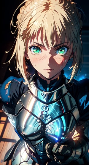 Artoria Pendragon \ (Destiny\), best quality, （tmasterpiece）, （Very detailed CG unity 8K wallpaper）, armored dress, glowing, gauntlets,breastplate, hair bun, cinmatic lighting, detailed back ground, beatiful detailed eyes, Bright pupils, （Very fine and beautiful）, （Beautiful and detailed eye description）, super detailed, art book, anime coloring, CG, illustration, fantasy, 1 girl, solo, looking at the audience, attoria pendragon \ (destiny), armor, detailed beautiful face and eyes, oppressive environment, capable slender body ,dexterous dynamic, best quality, high resolution, super detailed, 1 girl, solo, sideburns, ahegao, green eyes,  phSaber, phAltoria, portrait, standing, looking at the audience, sweat, blush,midjourney, front-view, body face viewer