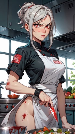  1 girl , chef , cute girl, proper pretty red eyes, angry face looking at camera , gray hair , blood stains , chef cloth, chef green clothes, in the kitchen background, Sci-fi, ultra high res, futuristic, bulge, holding knife, chopping vegetable