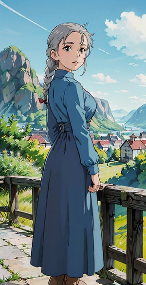 1female,16o,Slim, Thin waist, cute face, big eyes, sophie_hatter, Grey hair, Braided hair,(wearing: Blue long dress, long dress, brown boots),（Background with：ln the mountain,in summer,standing on your feet,Sweat profusely, hair straight, mostly cloudy sky,（（（tmasterpiece）,（Very detailed CG unity 8K wallpaper）,best qualtiy,cinmatic lighting,detailed back ground,（Very fine and beautiful, ultra - detailed,tmasterpiece,）), A high resolution,ultra - detailed,upper body, wide shot, back_to_viewer, happy face, mouth_open