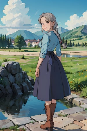 1female,16o,Slim, Thin waist,slenderlegs,sophie_hatter, Grey hair, Braided hair, Brown eyes,(wearing: Blue long dress, long dress, brown boots), looking at viewer,（Background with：ln the mountain,in summer,standing on your feet,Sweat profusely,seen from the front, hair straight, mostly cloudy sky,（（（tmasterpiece）,（Very detailed CG unity 8K wallpaper）,best qualtiy,cinmatic lighting,detailed back ground,beatiful detailed eyes,Bright pupils,（Very fine and beautiful）,（Beautiful and detailed eye description）,ultra - detailed,tmasterpiece,））,facing at camera,（Full body photo）,Show shoes,A high resolution,ultra - detailed,upper body, happy_face
