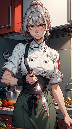  1 girl , chef , cute girl, proper pretty red eyes, angry face looking at camera , gray hair , blood stains , chef cloth, chef green clothes, in the kitchen background, Sci-fi, ultra high res, futuristic, bulge, holding knife, chopping vegetable