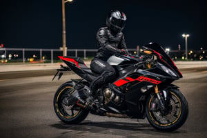 biker, black helmet, male_character, motorcycle,  background, night, race bike, asthetic, spoilers,full bike in frame, full bike picture,highly detaited, 8k, 1000mp,ultra sharp, master peice, realistic,detailed grills, detailed headlights,4k grill, 4k headlights, neon city, great body kit,yhmotorbike