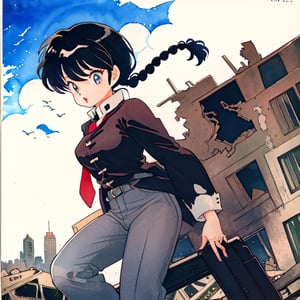 Ranma,takahashi rumiko, 1 girl, solo, wearing a tuxedo, pants look, tie, adult woman, battle_stance, Watercolor, In the ruined city, collapsed buildings, dynamic pose, short person, short one side braid, 
torn cloth, 