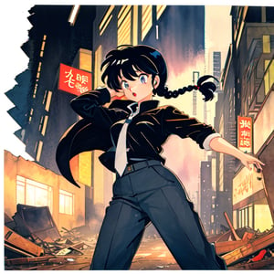 Ranma,takahashi rumiko, dripping paint, 1 girl, solo, 
wearing a tuxedo, pants look, tie, adult woman, battle_stance, Watercolor, In the ruined city, collapsed buildings,one side Braid, dynamic pose, short person