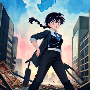 Ranma,takahashi rumiko, dripping paint, 1 girl, solo, 
wearing a tuxedo, pants look, tie, adult woman, battle_stance, Watercolor, In the ruined city, collapsed buildings,one side Braid, dynamic pose, short person